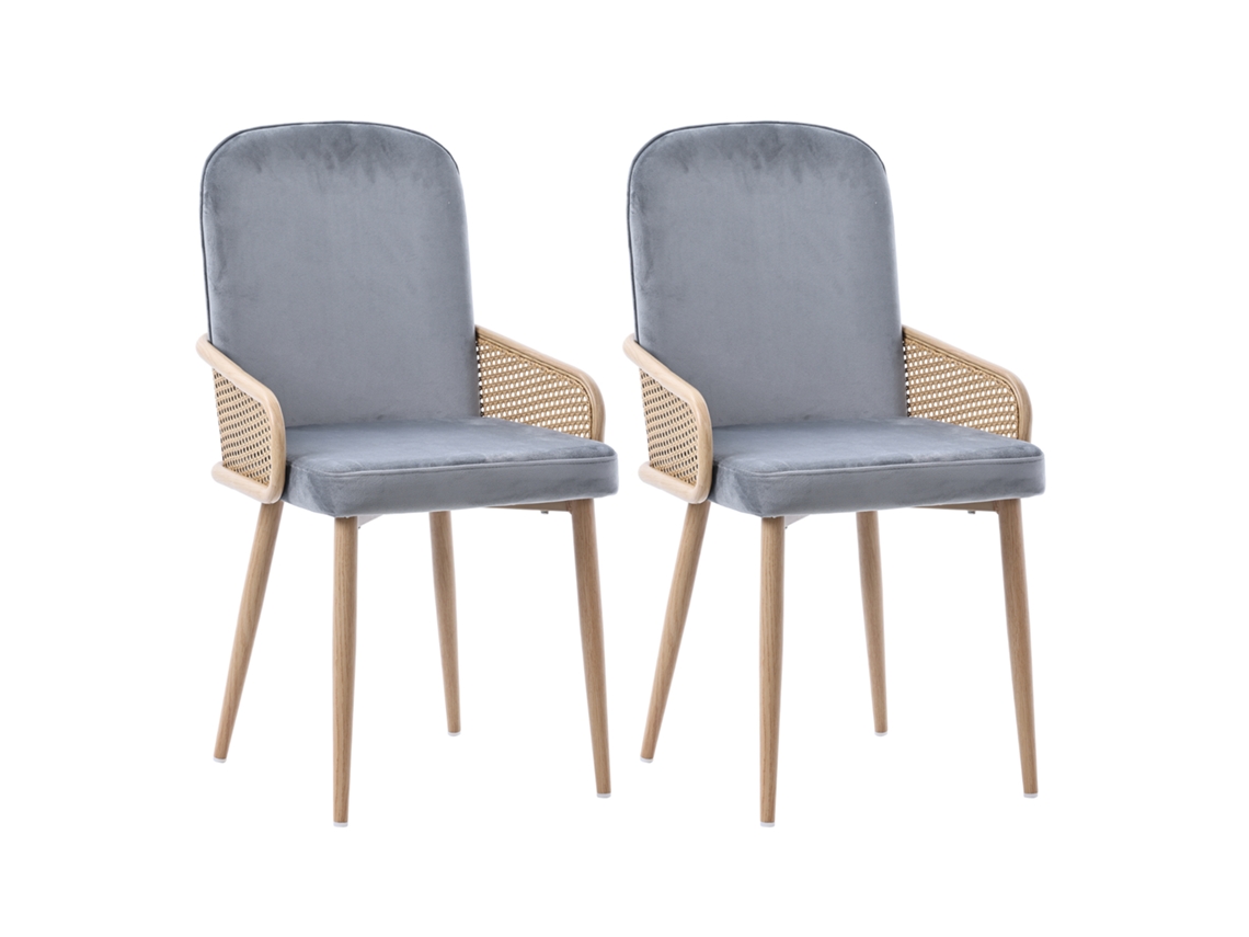 Conjunto de 2 Cadeiras de Jantar em Veludo Cinza com Design em Rattan e Pés de Metal Estilo Madeira para Sala Ou Quarto PAPRIKA