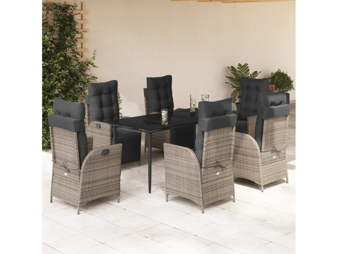 Vidaxl 7 Pcs Conjunto De Jantar P/ Jardim C/ Almofadões Vime Pe Cinza