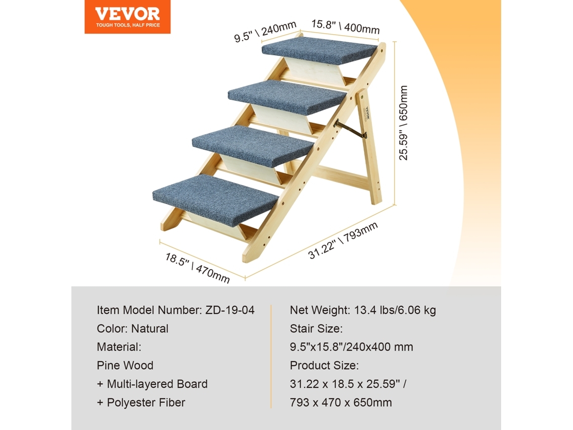 Escada de Madeira para Animais de Estimação VEVOR/Degrau para Animais de Estimação com 4 Degraus 2 em 1 Escada Dobrável para Cães 150 Libras (Outlet Caixa Aberta)