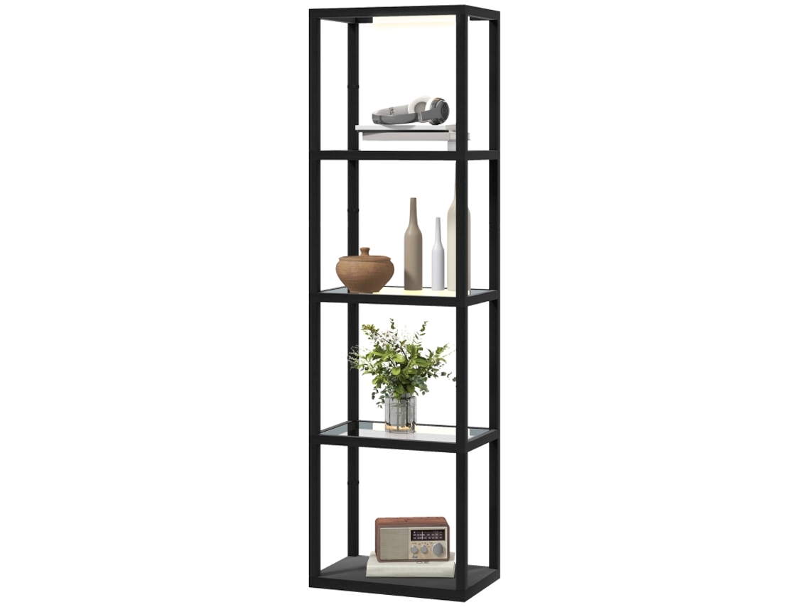 Luminária Chão Led Prateleira 4 Níveis Vidro Mdf Preta VELTRIX