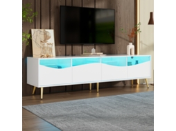 Móvel Para Tv Em Nogueira, 180x40x50 Cm, Led Integrada Bluetooth, Vidro Temperado, Pés Dourados, Com Armazenamento, Para Tv 65-85 Polegadas, Branco
