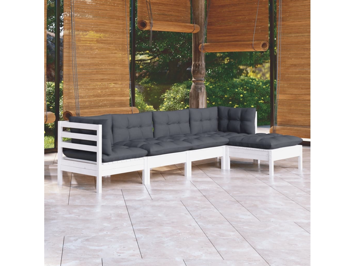 Vidaxl 5 Pcs Conjunto Lounge De Jardim C/ Almofadões Pinho Branco