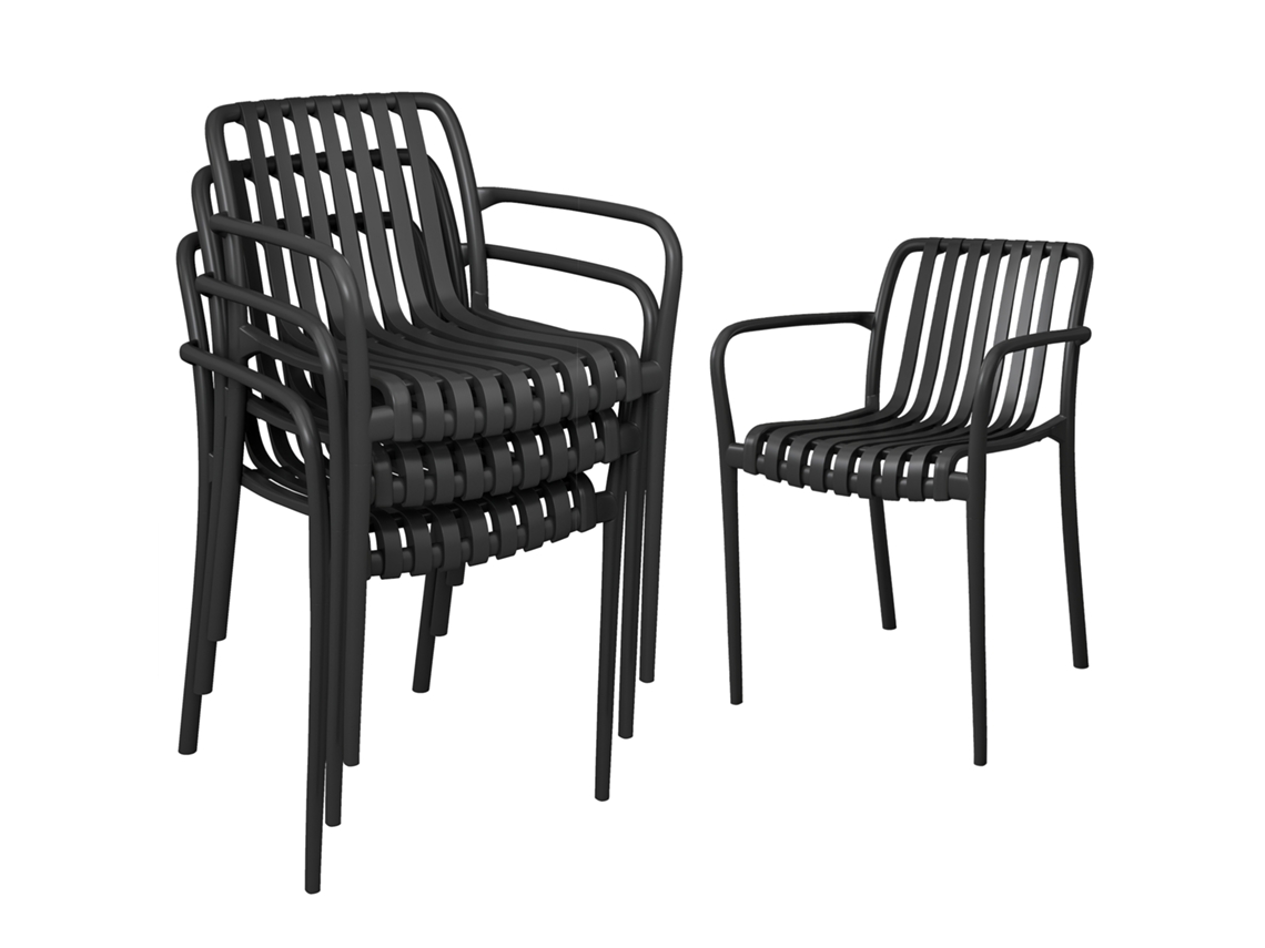Conjunto com 4 Cadeiras Externas Pp, Ripado, Empilháveis, Preto