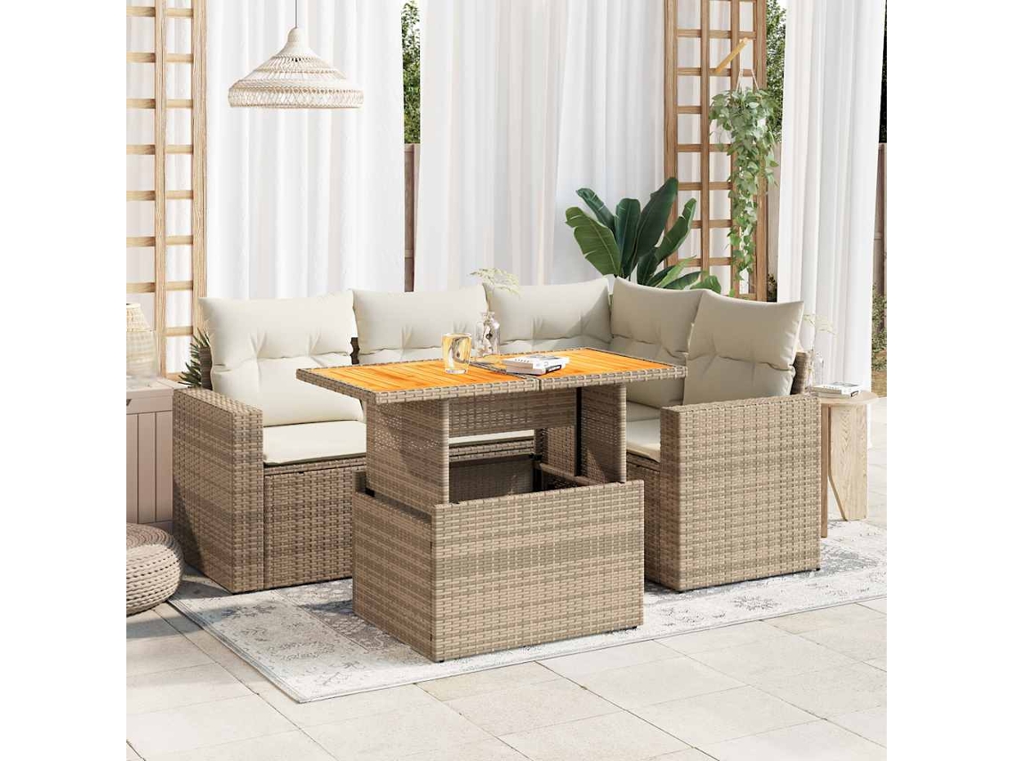 5 Pcs Conjunto De Sofás P/ Jardim Com Almofadões Vime Pe Bege Dkd Home Decor