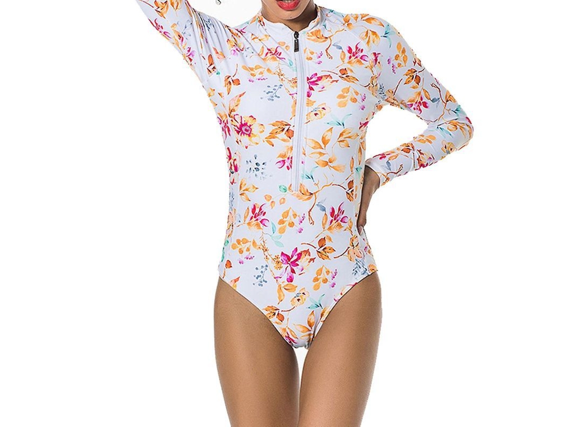 Maiô feminino Fasst de manga comprida com zíper frontal e estampa floral, corte alto e estilo esportivo.