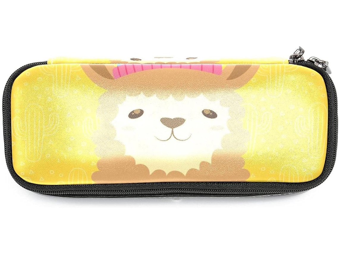 Conjunto grande com lápis e marcadores com estampa de alpaca amarela, organizador ideal para escola, mesa e adultos.