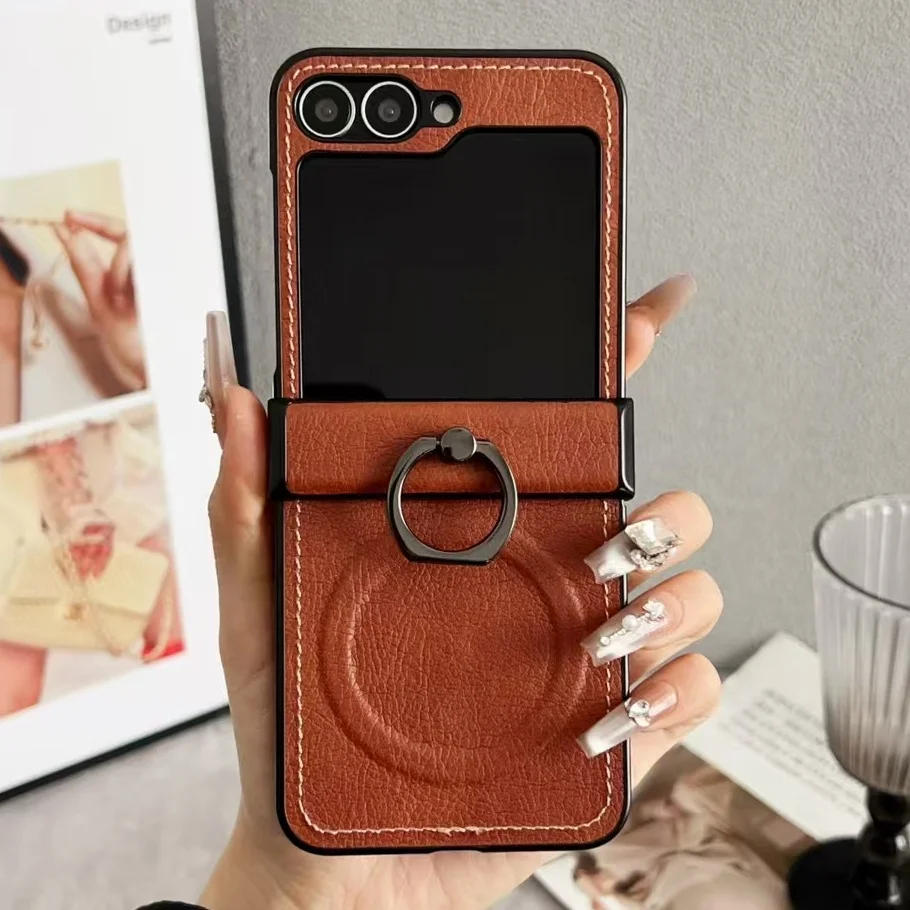 (marrom, Galaxy Z Flip4) Capa Retrô Para Celular Em Couro Granulado Com Suporte Articulado Magnético