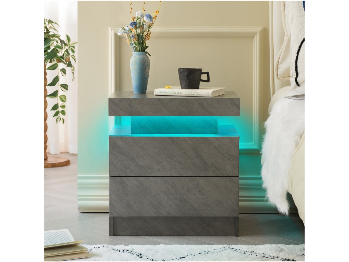 Mesa Cabeceira Led 2 Gavetas Cinza Escuro
