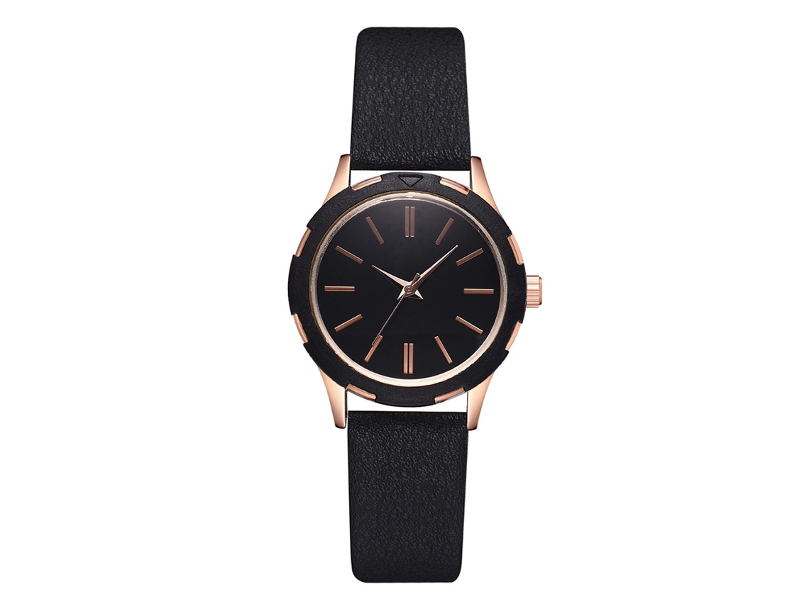 Relógio de Pulso Feminino Casual com Pulseira de Couro Pu e Mostrador Redondo Quartz Preto