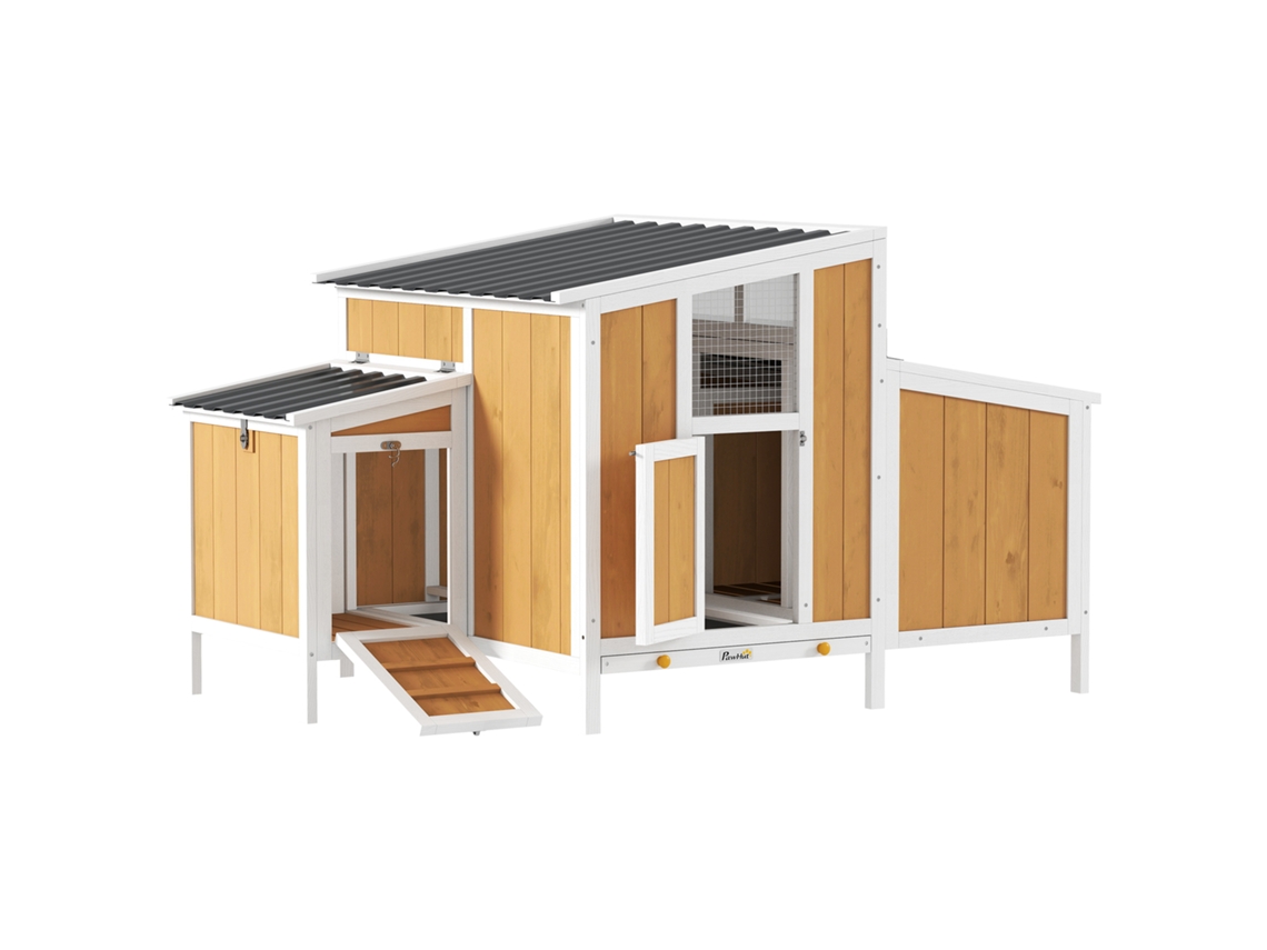 Galinheiro De Madeira Para Exterior, 145x90x92 Cm, Para 2 A 4 Galinhas, Com Ninho, Porta Lateral, Bandeja Removível, Amarelo.