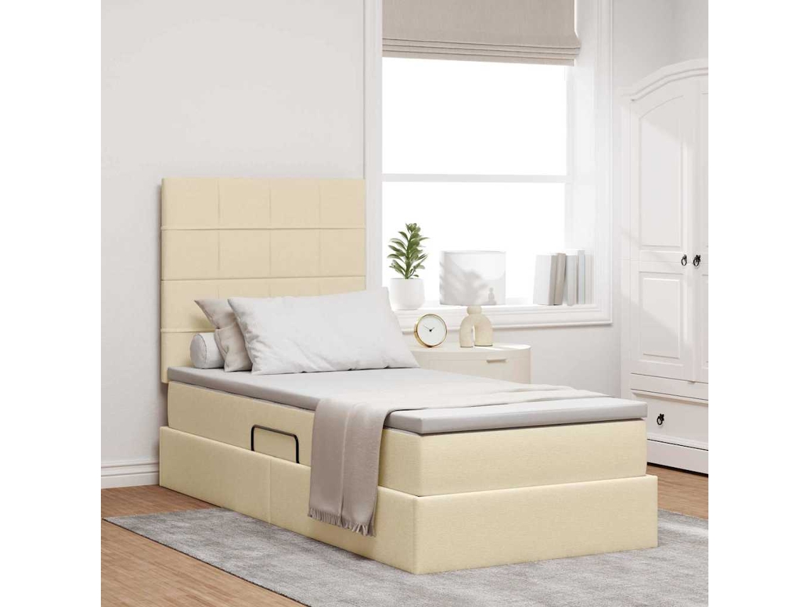 Vidaxl Cama De Armazenamento Led Com Colchão Creme 90 X 190 Cm Tecido