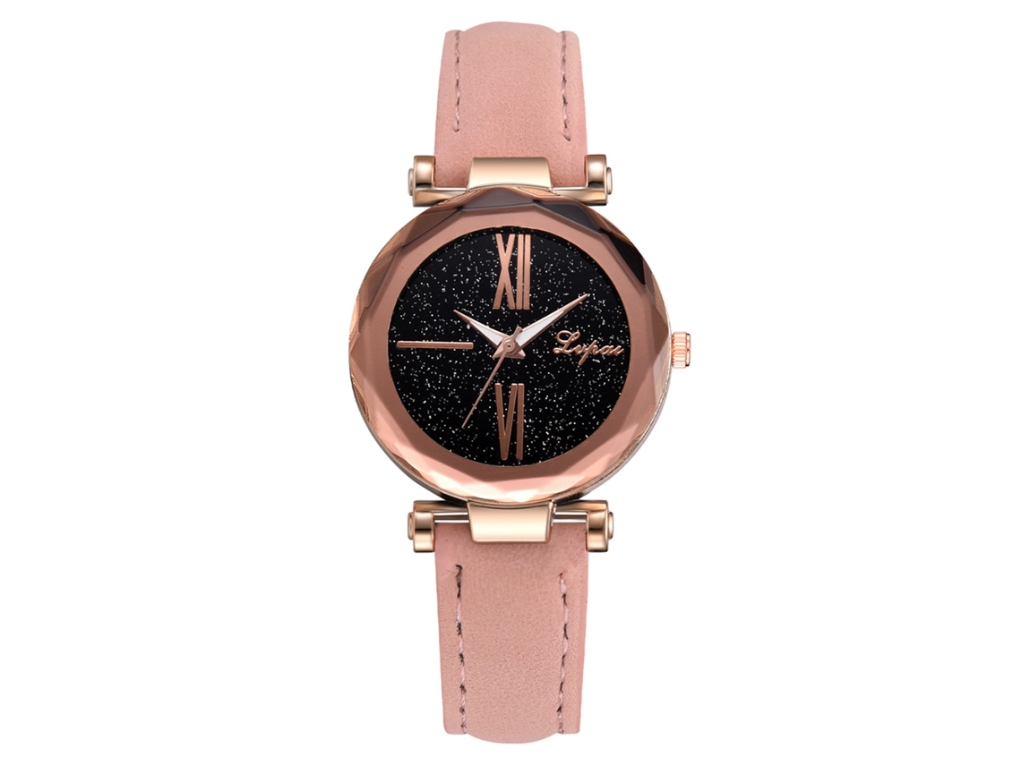 Relógio Analógico Feminino com Números Romanos Grandes Pulseira de Couro Pu Rosa