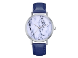 Relógio de casal com mecanismo de quartzo, pulseira de couro sintético, caixa prateada e mostrador azul personalizado.