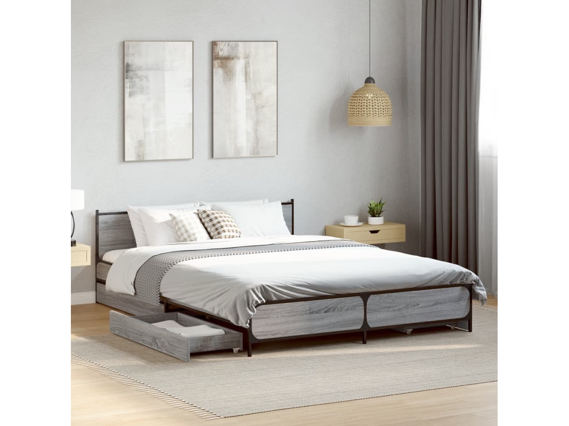 Vidaxl Estrutura De Cama C/ Gavetas Derivados Madeira Cinza Sonoma