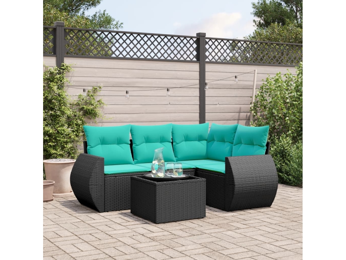 Vidaxl Conjunto De Sofá De Jardim De 5 Peças Com Almofadas Em Rattan Sintético Preto