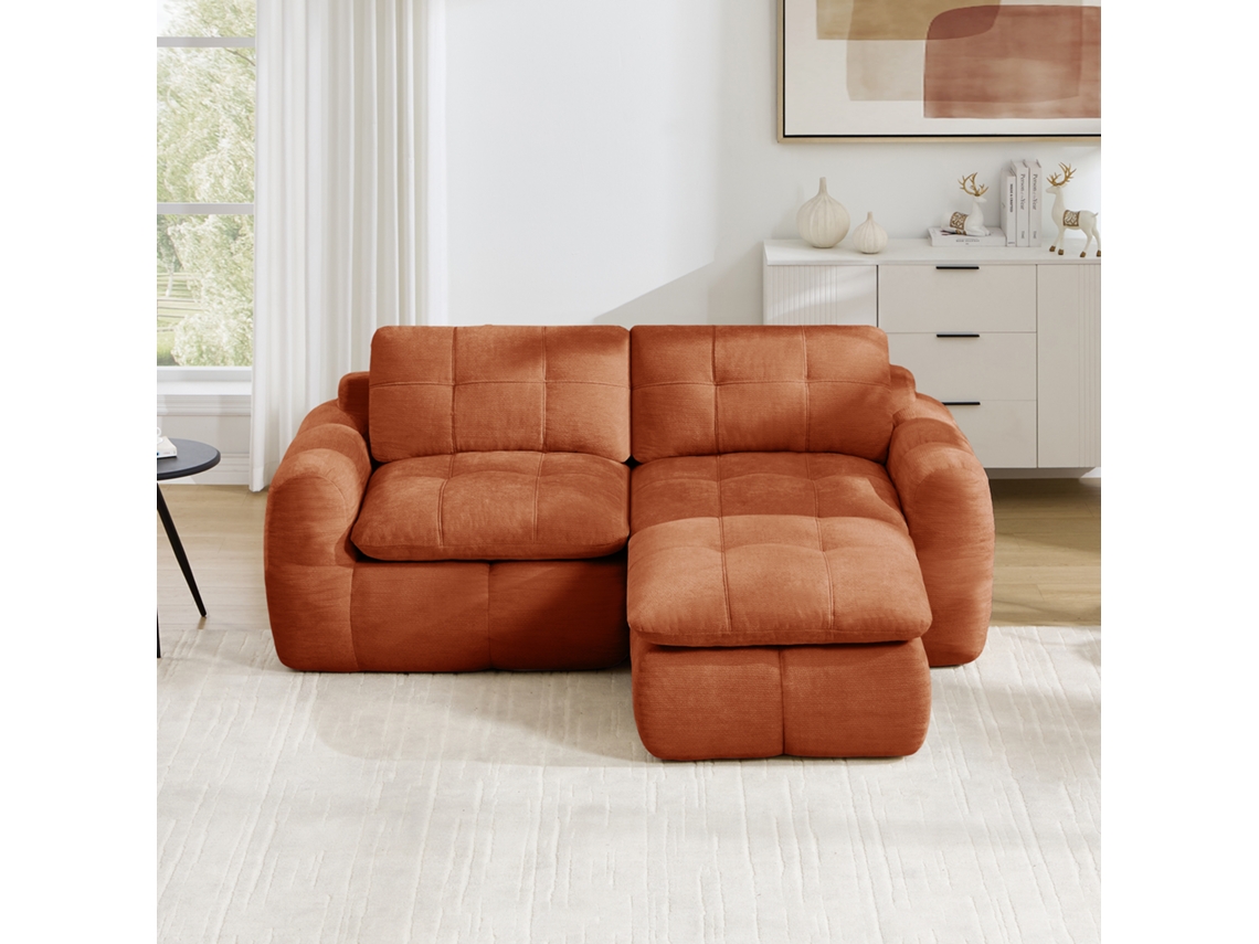 Sofá De Canto L Modular 2 Lugares Sem Estrutura Em Chenille Acolchoado Com Pufe, Laranja