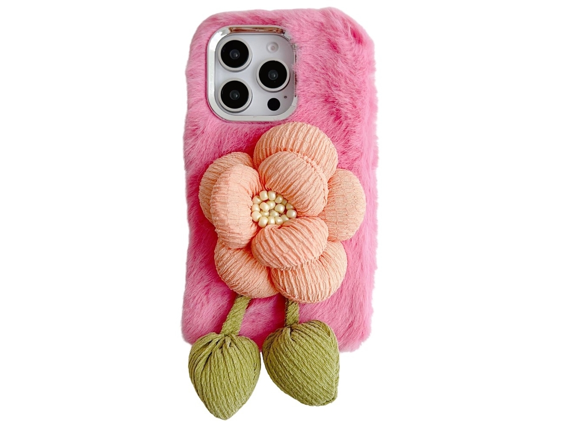 Capa De Pelúcia 3d Para Iphone 16 Pro Com Estampa Floral, Macia E Flexível, Rosa