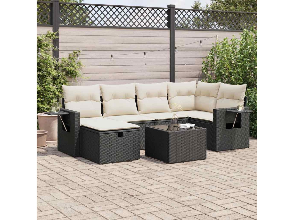 Vidaxl 7 Pcs Conjunto De Sofás P/ Jardim C/ Almofadões Vime Pe Preto