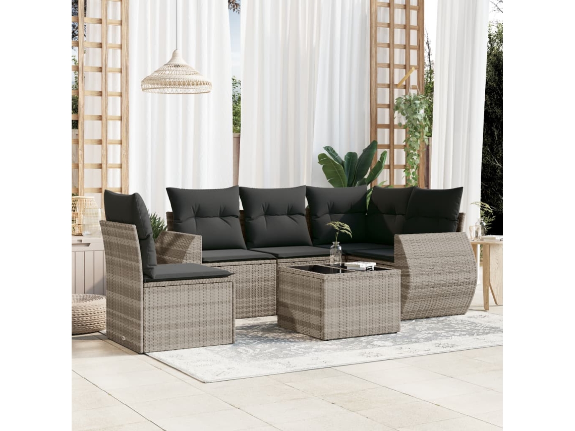 Vidaxl 6 Pcs Conj. Sofás Jardim Com Almofadões Vime Pe Cinzento-claro