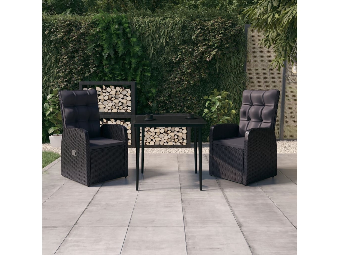 Vidaxl 3 Pcs Conjunto De Jantar Para Jardim Com Almofadões Preto