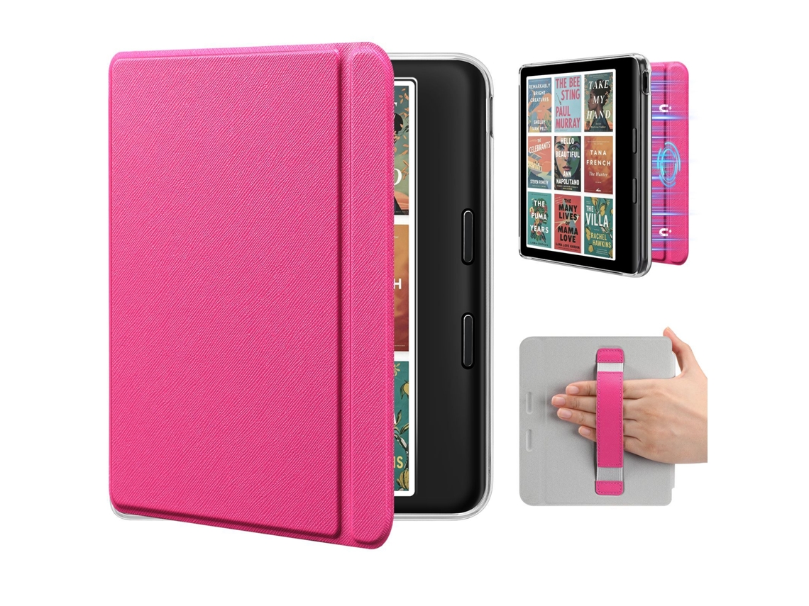 Capa Panoona Para Kobo Libra Colour 7 Polegadas, Com Pega De Mão Integrada, Capa Traseira Rígida Fina E Leve Em Pele Pu Rosa-choque