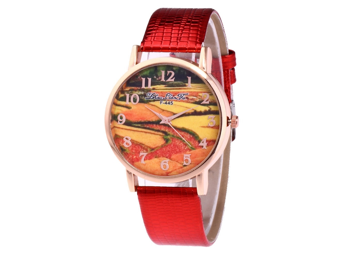 Relógio de pulso feminino de liga metálica, mostrador redondo, analógico, quartzo, vermelho.