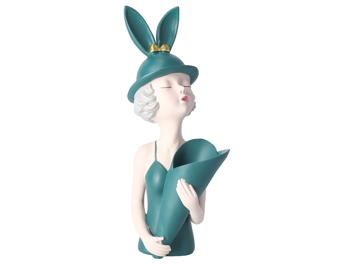 Escultura Menina Resina com Vaso Flores Decoração Mesa