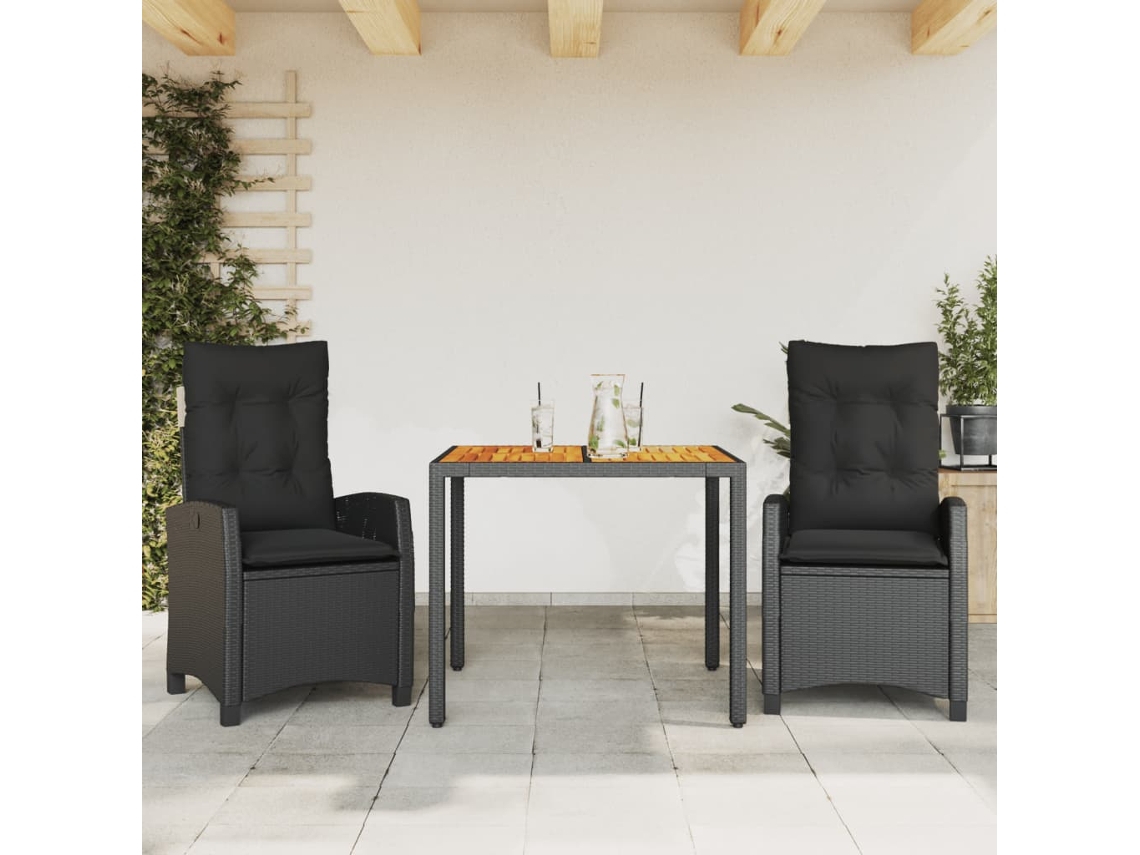 3 Pcs Conjunto De Jantar P/ Jardim C/ Almofadões Vime Pe Preto Dkd Home Decor