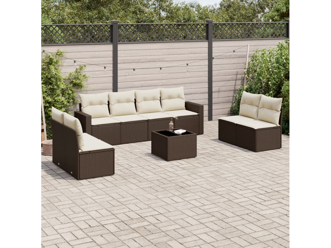 Vidaxl 9 Pcs Conjunto Sofás P/ Jardim C/ Almofadões Vime Pe Castanho