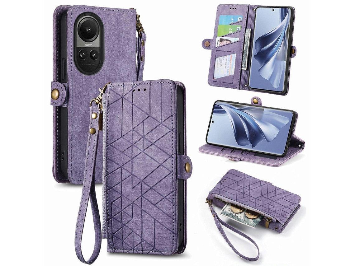 Capa De Couro Com Zíper Geométrico E Fivela Lateral Para Oppo Reno10/10 Pro Global