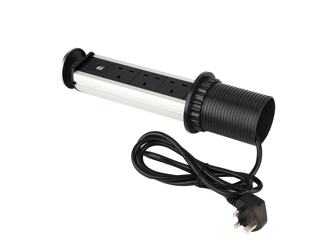 Filtro de linha com 3 tomadas e 2 portas USB, recarregável, para cozinha ou mesa de escritório, tomada retrátil com plugue de 220 V (Reino Unido).