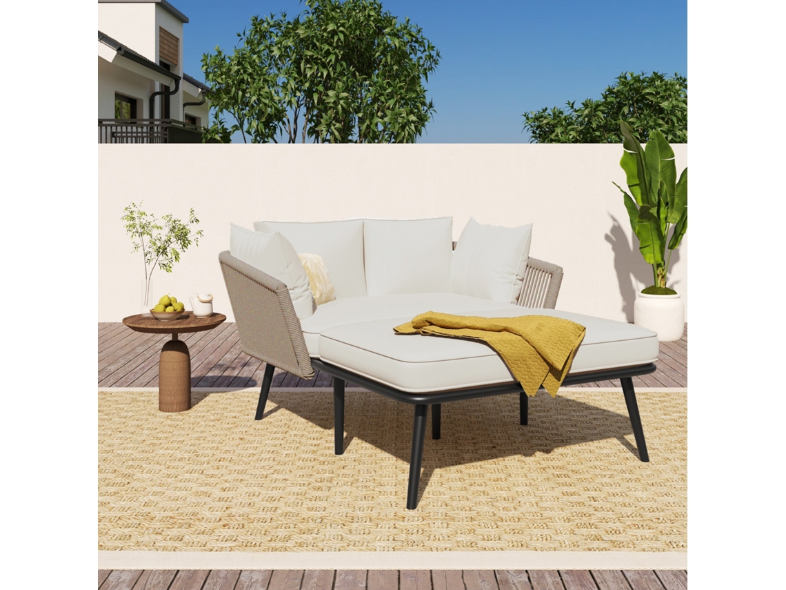 Sofá de jardim de 2 lugares com 2 almofadas e 2 almofadões, removíveis e laváveis cáqui NOVELA