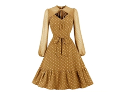 2026 vestido A line Vintage para Mulher com Pontos, Mangas Longas, Renda e Babados, Estilo Casual