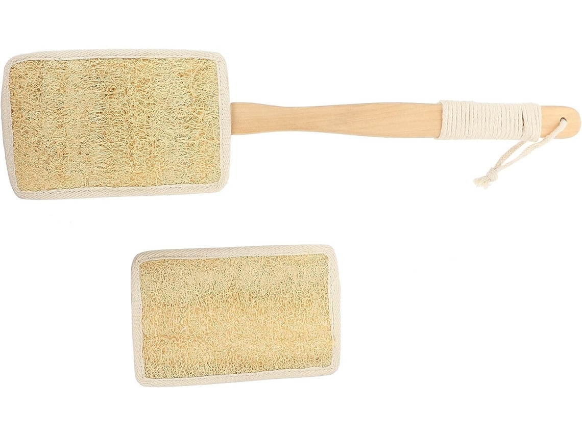 Escova Longa Para As Costas, Feita Com Esponja De Bucha Vegetal E Madeira, Esfoliante E Confortável, Ideal Para Limpeza