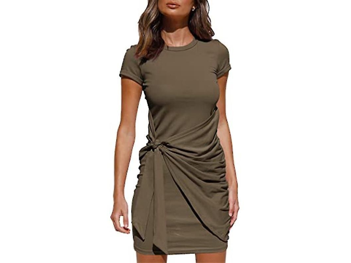 Vestido Bodycon De Verão Com Gola Redonda, Mangas Curtas E Cinto Amarrado - Ideal Para Ocasiões Casuais E Festas Verde Escuro