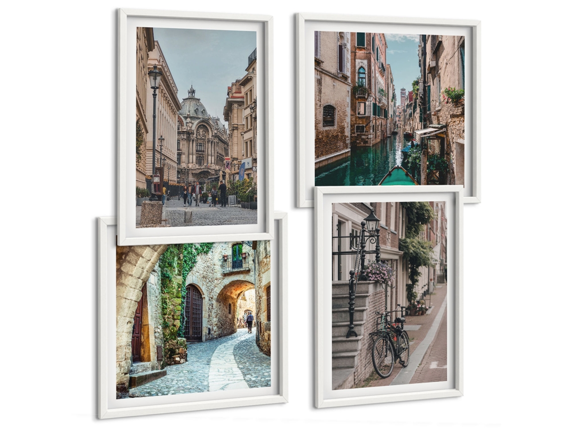 Um Conjunto De Imagens Decorativas Em Uma Moldura Ruas Venezianas Com Água Moldura Branca Fotos Para O Escritório Espelharte (conjunto De 4 Imagens)