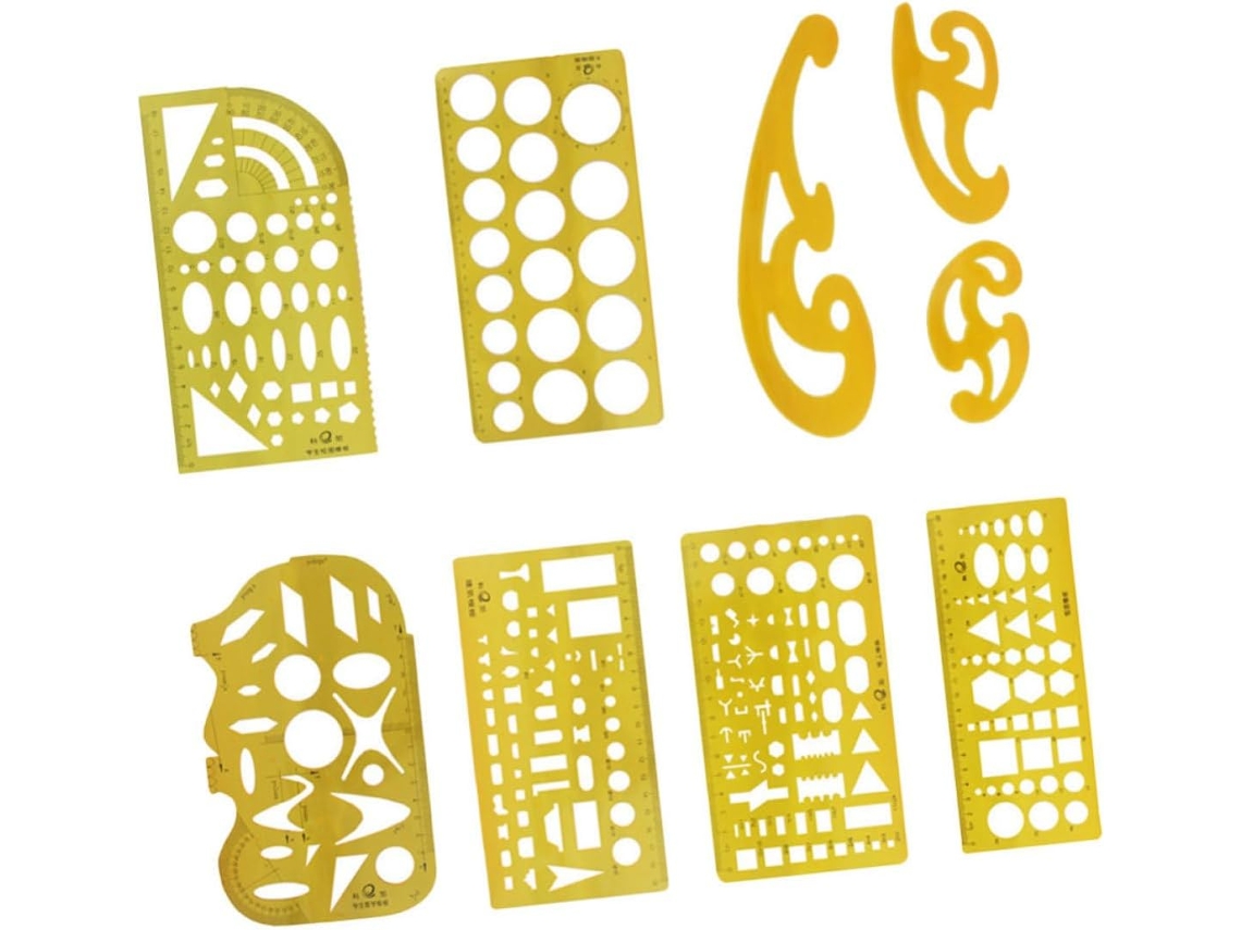 Conjunto de 9 réguas de plástico amarelas para desenho arquitetônico, com padrões nítidos, ideais para decoração escolar.