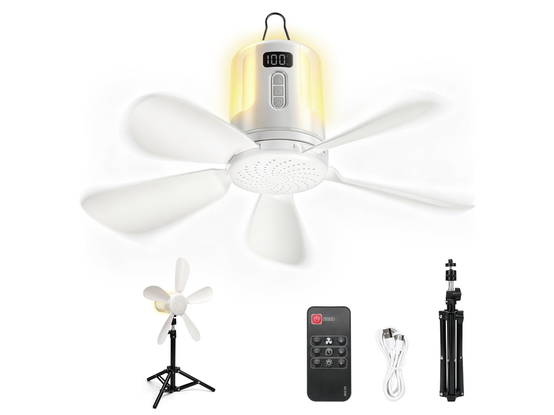 Ventilador De Teto Recarregável De 40 Cm Com Luz E Suporte Dobrável, Ventilador Portátil Para Camping, Branco W, Uso Externo, Barraca, Gazebo