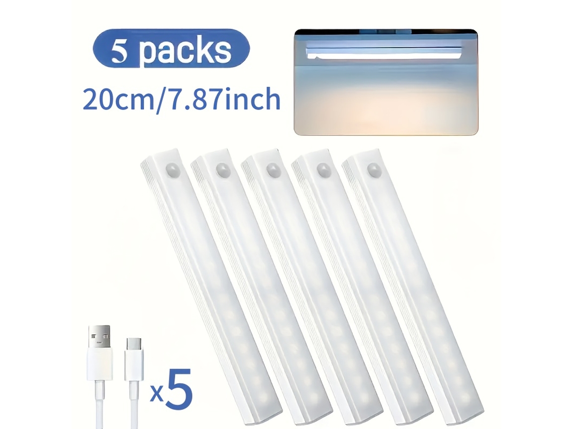 Kit Com 5 Fitas De Led Sensor De Movimento| Recarregáveis​​ Via Usb, Magnéticas, Dupla Temperatura De Cor| Acessórios Premium Para Computador 20cm/7