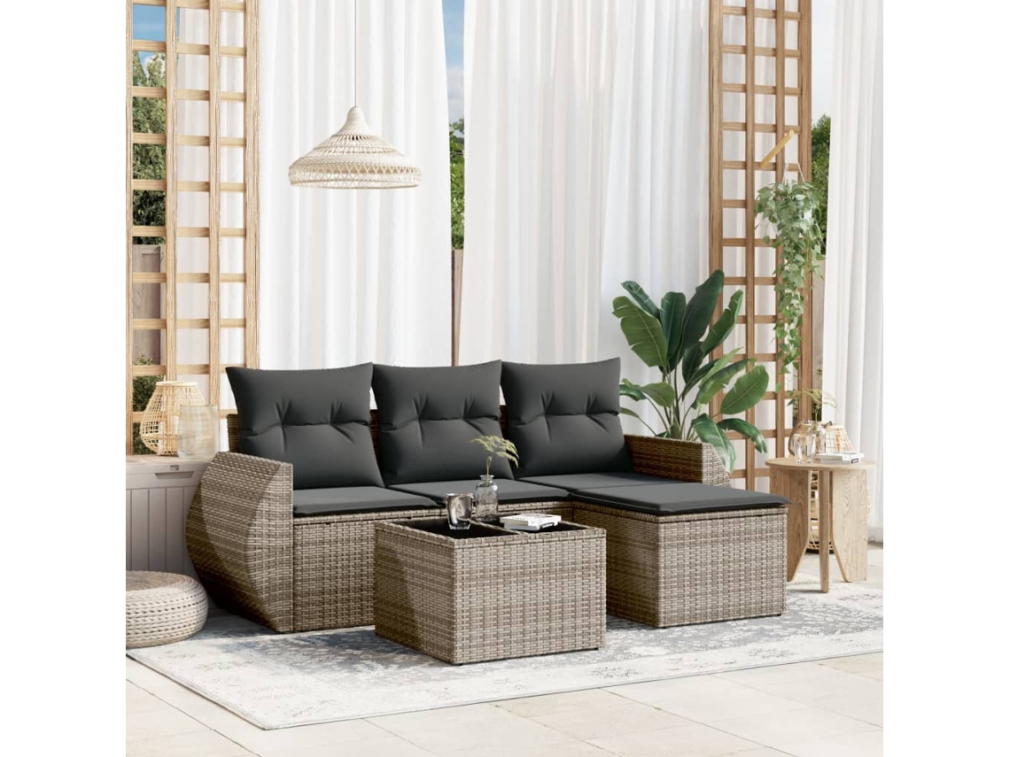 Vidaxl 5 Pcs Conjunto Sofás De Jardim C/ Almofadões Vime Pe Cinzento