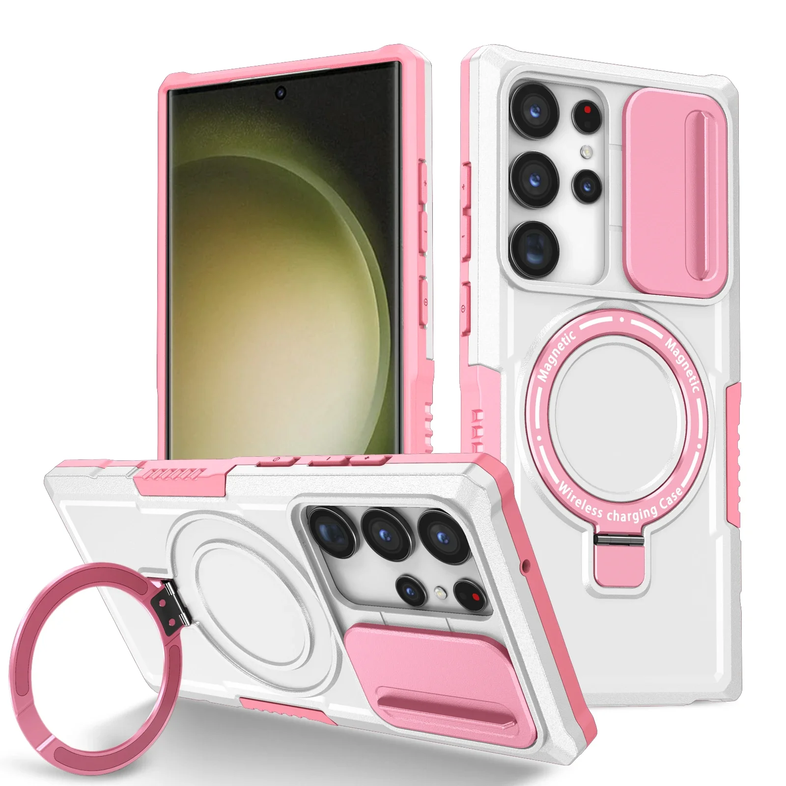 Capa Protetora Reforçada (branca E Rosa Para Galaxy S26 Plus) Com Suporte Para Carro E Carregamento Sem Fio Magnético.