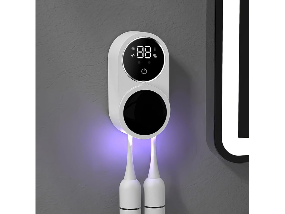 Suporte Parede Branco Elétrico para 2 Escovas Dentes com Secagem Desinfetante Sem Furo ZYBLSSBB