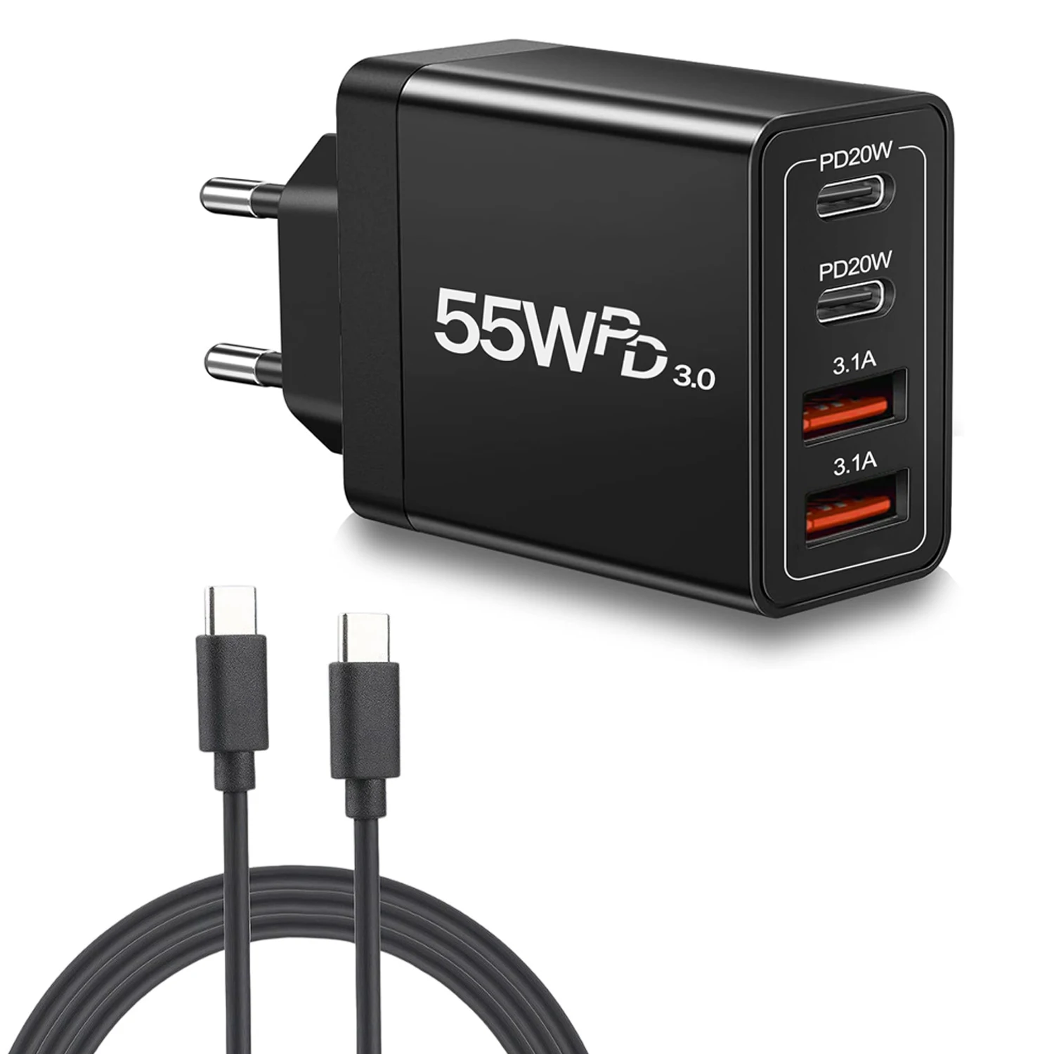 Carregador Rápido Com Plugue Padrão Europeu (preto), Carregador De Parede Usb-c De 55 W Com 4 Portas E Carregamento Rápido Pd 3.0.