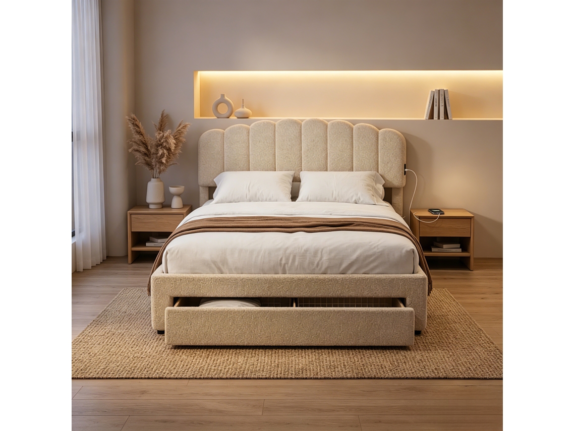 Cama de Casal 160x200 com 1 Gaveta e Porta Usb, Cama Acolchoada com Cabeceira, Estrutura Metálica e Baú, Veludo Teddy, Sem Colchão