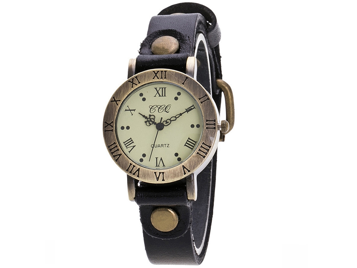 Relógio Feminino Ccq Retro Punk com Números Romanos Pulseira Pu Preto