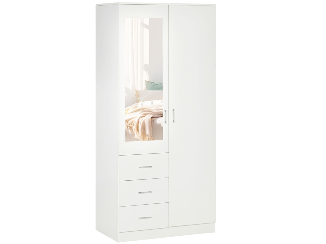 Guarda-roupa Com 2 Portas, Espelho, 3 Gavetas, Prateleiras Ajustáveis E Cabideiro Incluído, 80x50x180 Cm, Branco