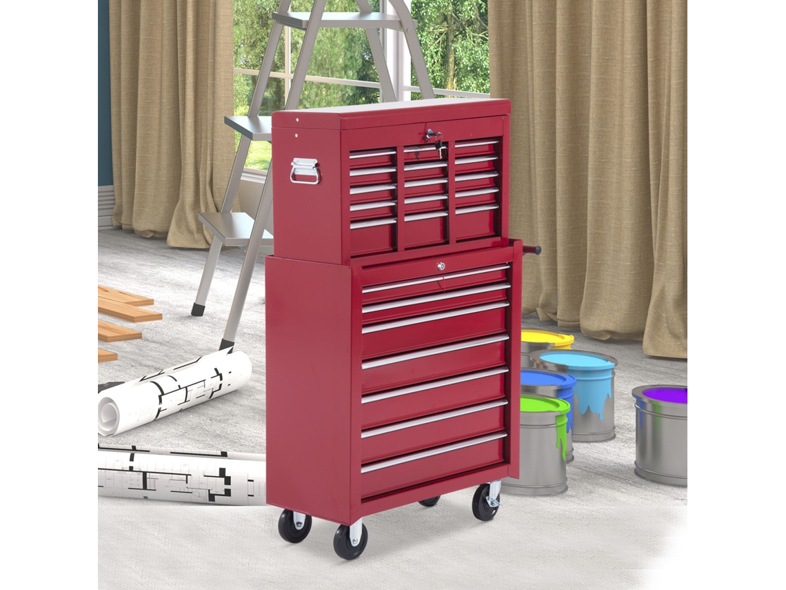 Workshop Trolley With Tool Box, Empty Tool Trolley, Lockable With Drawers, Tool Compartment, Keys And Anti-slip Mats, Red