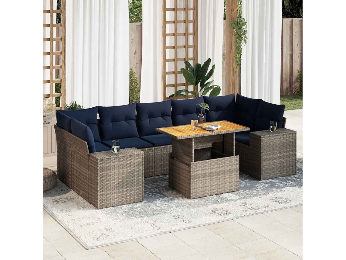 Vidaxl 8 Pcs Conjunto Sofás De Jardim C/ Almofadões Vime Pe Cinzento
