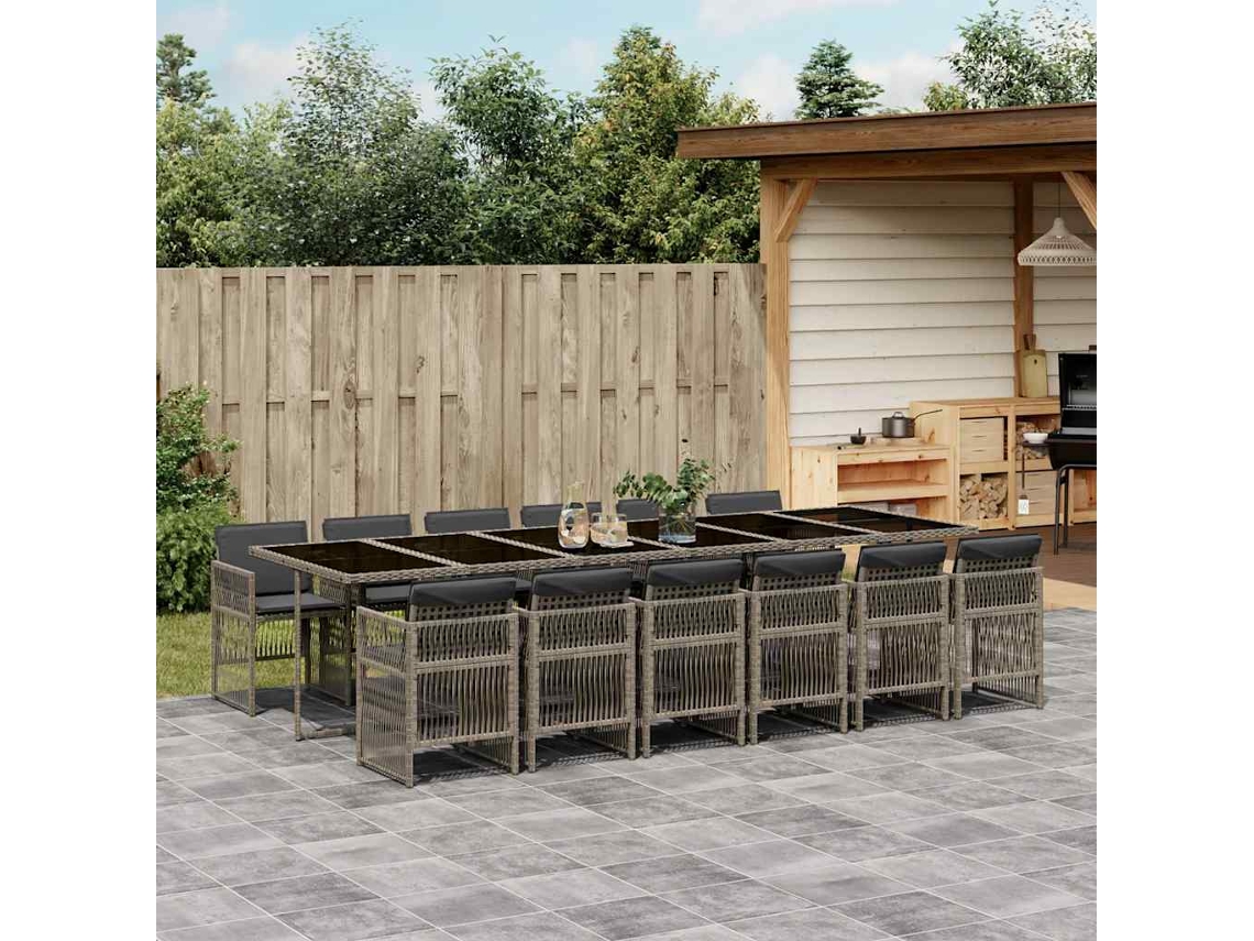 Vidaxl 13 Pcs Conjunto Jantar P/ Jardim C/ Almofadões Vime Pe Cinzento