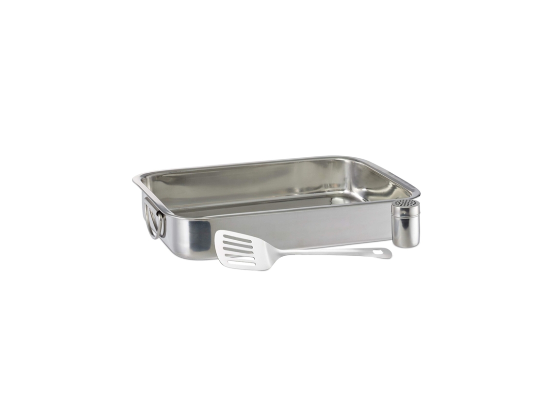 Relaxdays Conjunto De Forma 3 Peças Inox, Assadeira Com Espátula E Dosificador De Queijo, Axlxp: 7x38x27 Cm, Prateado